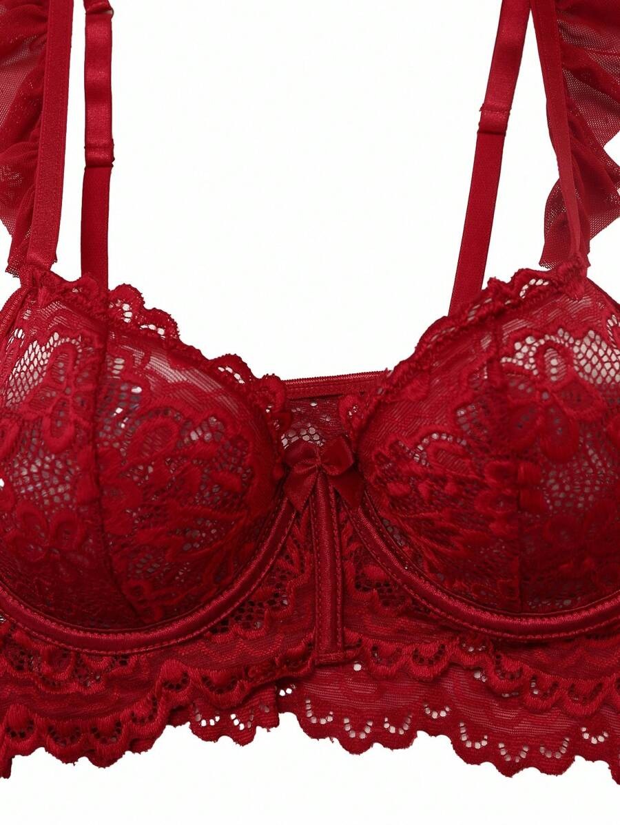 SHEIN طقم ٣ قطع دانتيل عنابي بتصميم مشد وتنورة