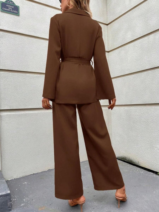 SHEIN Clasi طقم مكون من جاكيت مع بنطلون واسع بلون قهوة بني
