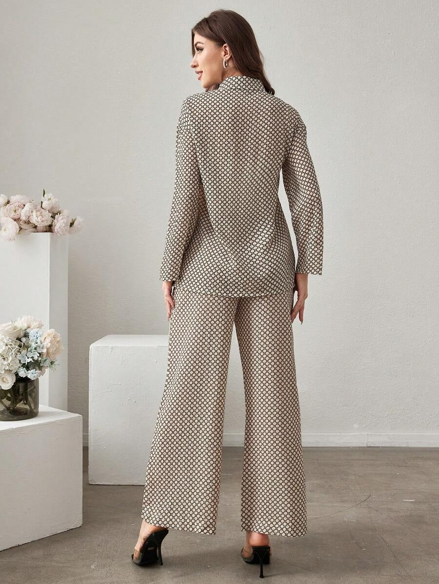 SHEIN Mulvari طقم مكون من قميص بأكمام طويلة مع بنطلون بلون كاكي