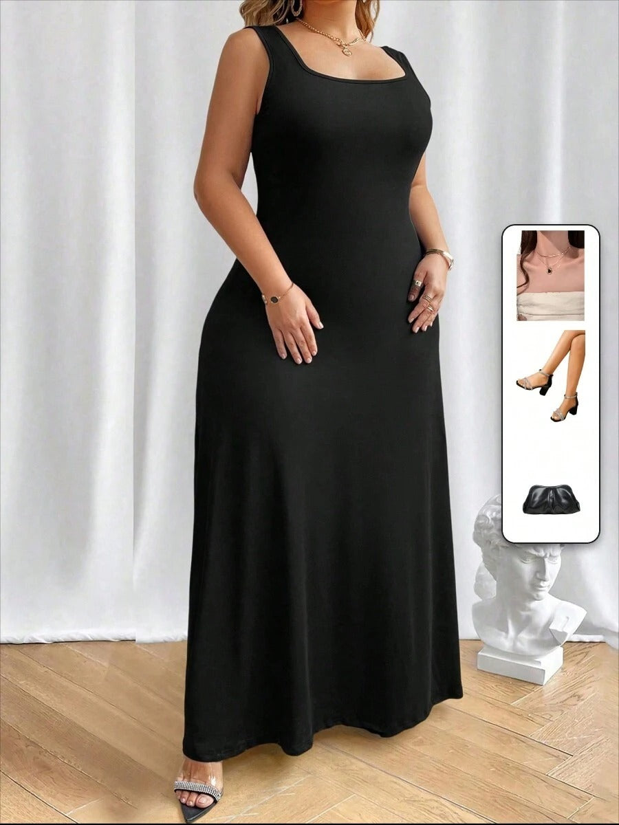 SHEIN فستان طويل ناعم وبسيط بقصة سادة بدون أكمام بياقة مربعة