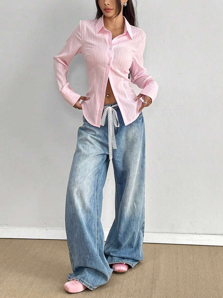 SHEIN Flirla قميص كاجوال خفيف ومريح مخطط بلون وردي