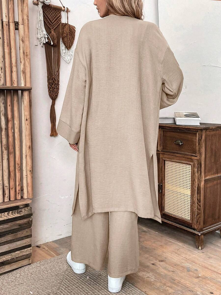 SHEIN طقم كتان كاجوال بلون كاكي مكون من جاكيت طويل وبنطال واسع الساق