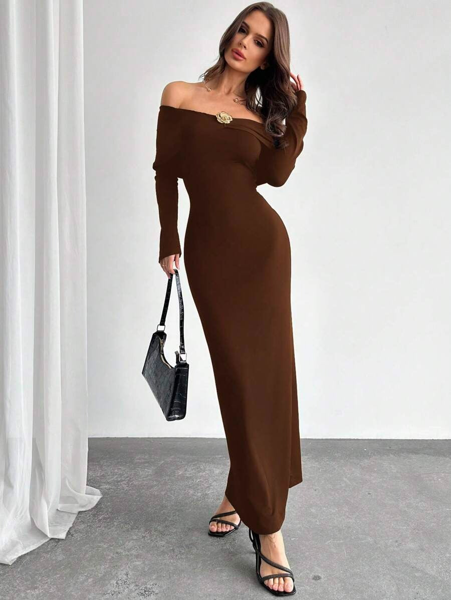 SHEIN Firerie فستان ضيق وأنيق بلون بني