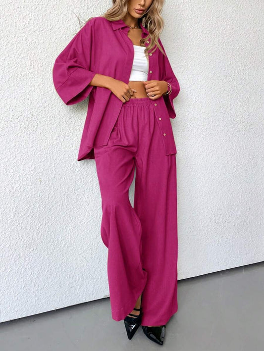 SHEIN Aveloria Modichic مجموعة بلوزة وبنطلون من بلون روز أحمر