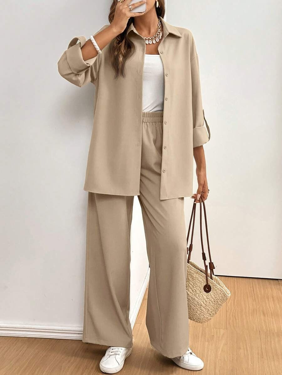 SHEIN Frenchy طقم من قطعتين، قميص بأكمام طويلة وسروال واسع لون مشمشي