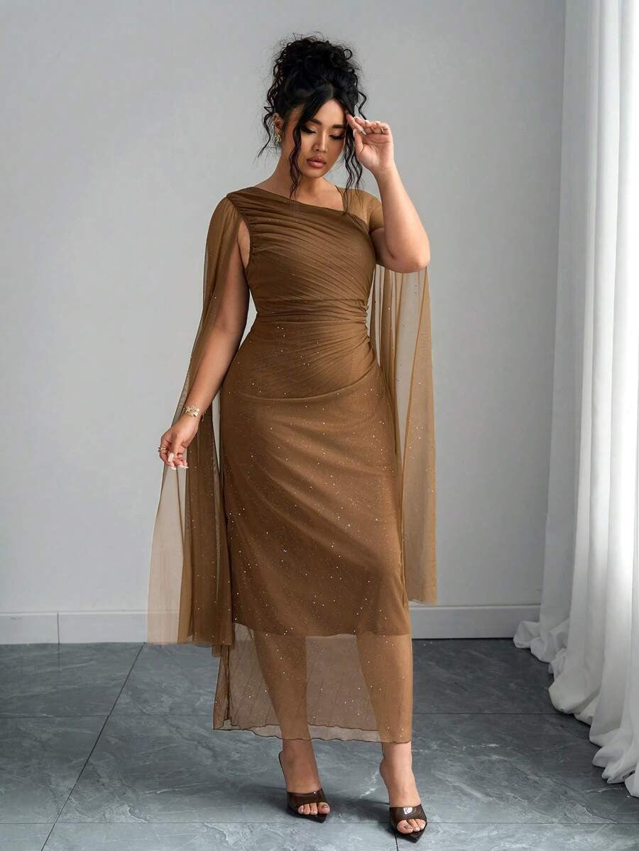 SHEIN Elenzga فستان أنيق وطويل بني مطوي