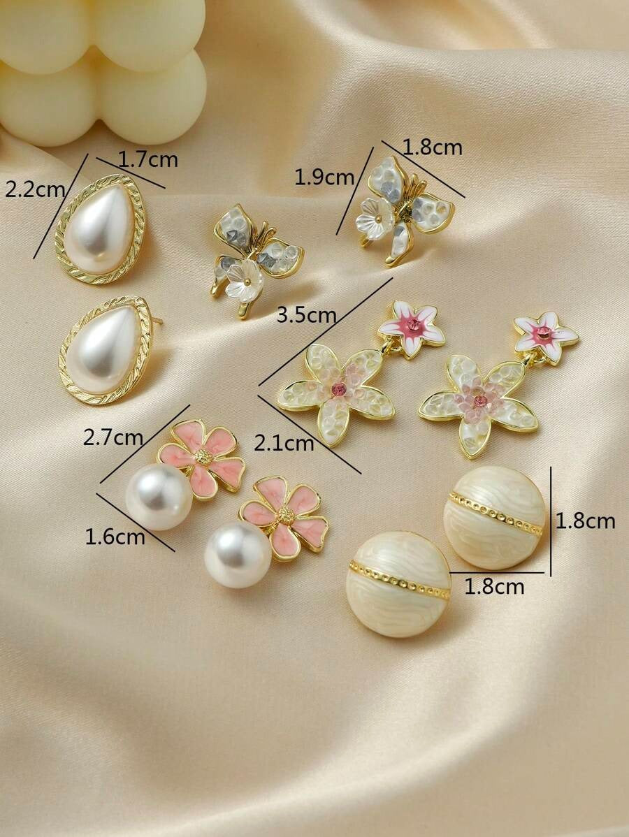 SHEIN طقم 5 قطع أقراط عصرية أنيقة بزخارف فراشات وكريستال ولؤلؤ