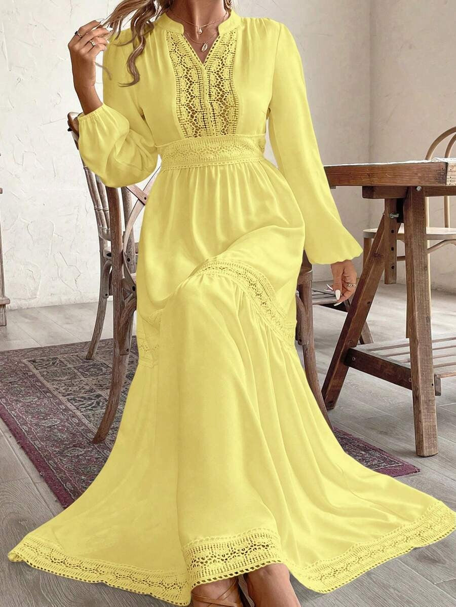 SHEIN فستان أصفر طويل بكسرات بكشكش