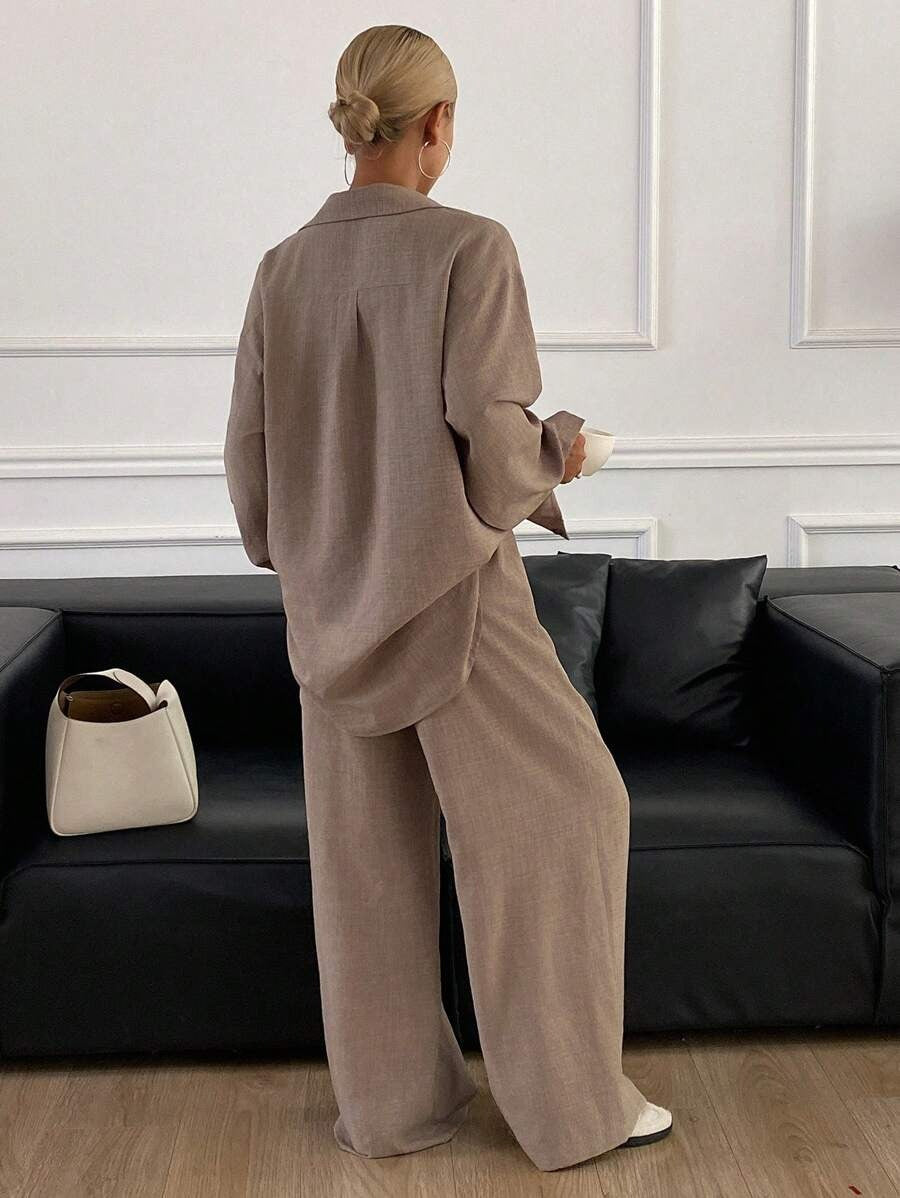 SHEIN Livesso طقم مكون من قطعتين بلون بني قهوة