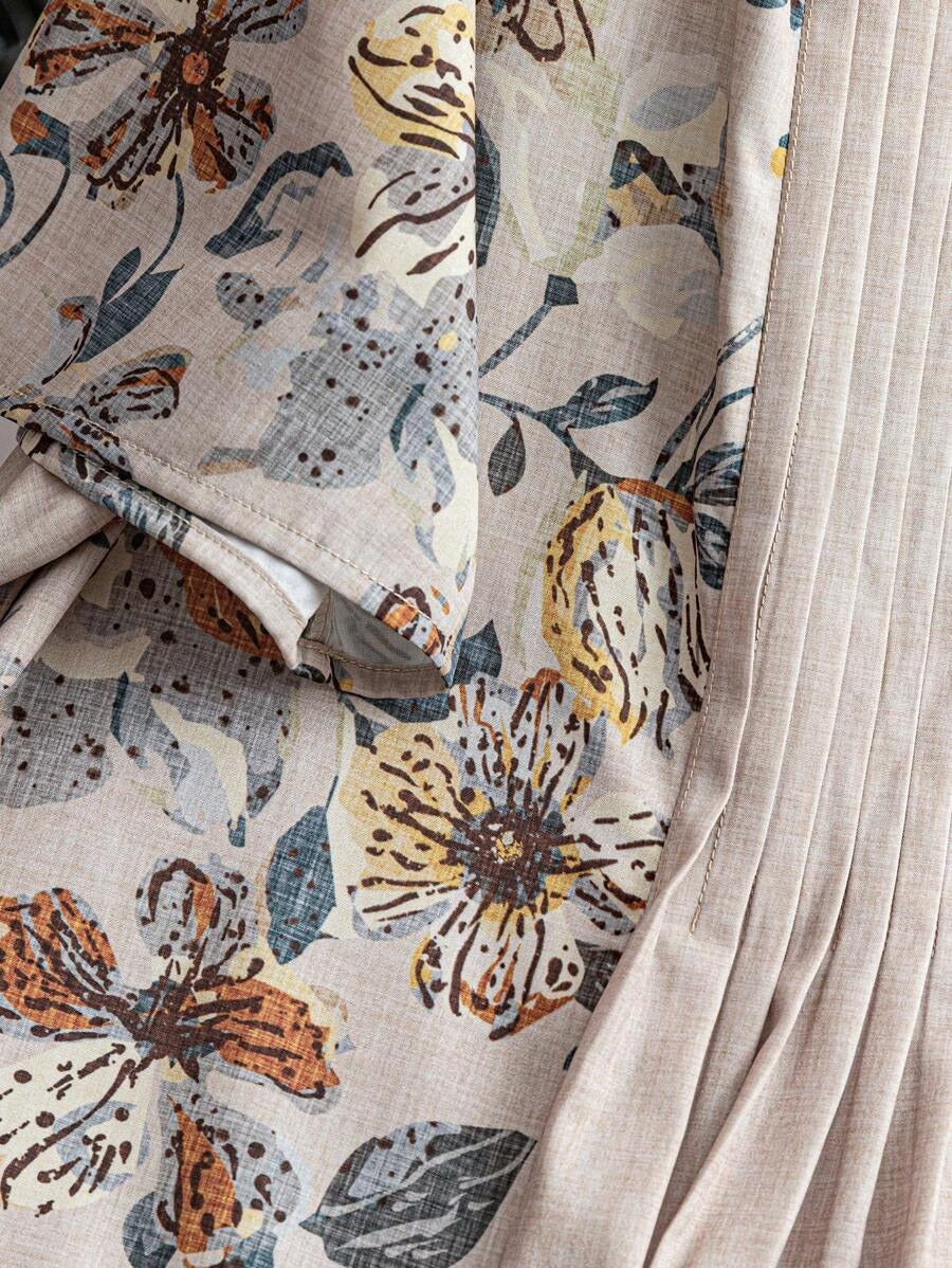 SHEIN فستان قصير بطبعة كلاسيكية وياقة دائرية