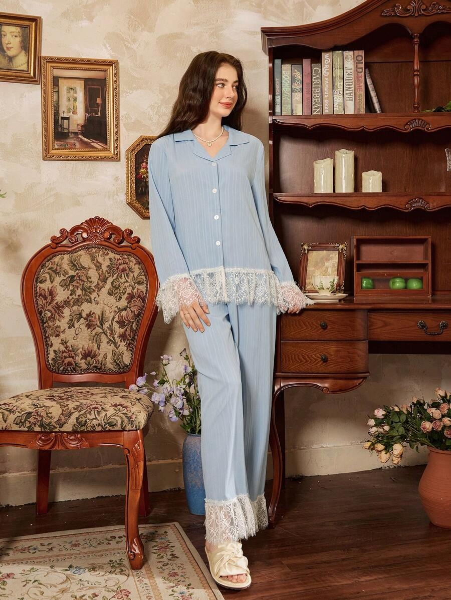 SHEIN Côtesoire طقم بيجامة دانتيل أزرق أنيق