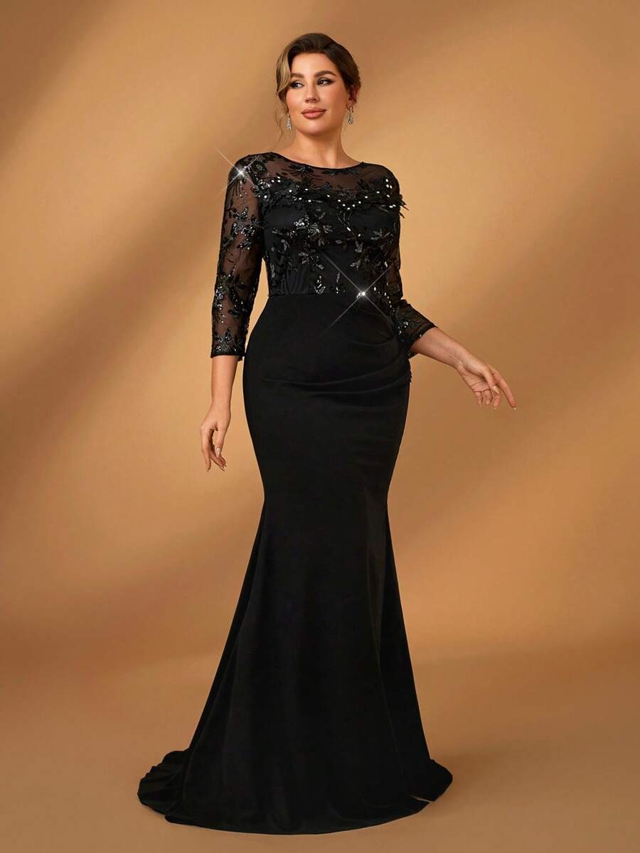 SHEIN Serin فستان سهرة أسود طويل دانتيل راقي