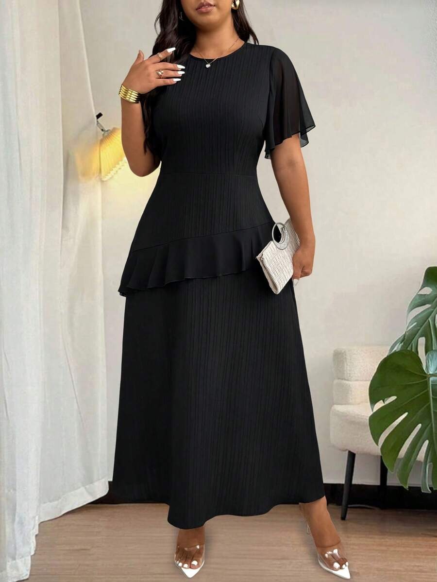 SHEIN فستان أسود بكشكش ولمعة خفيفة