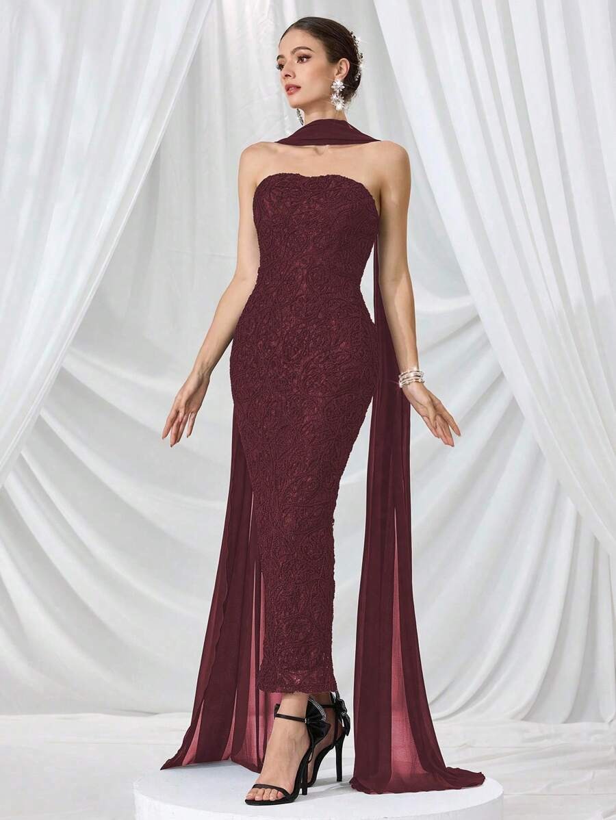 SHEIN فستان سهرة فاخر بلون عنابي