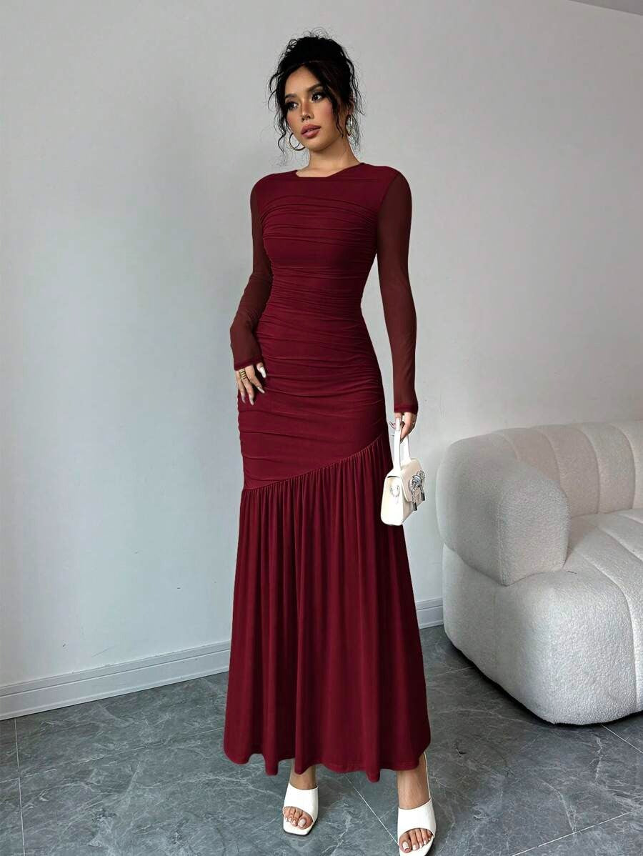 SHEIN Firerie فستان عنابي بأكمام طويلة وياقة دائرية