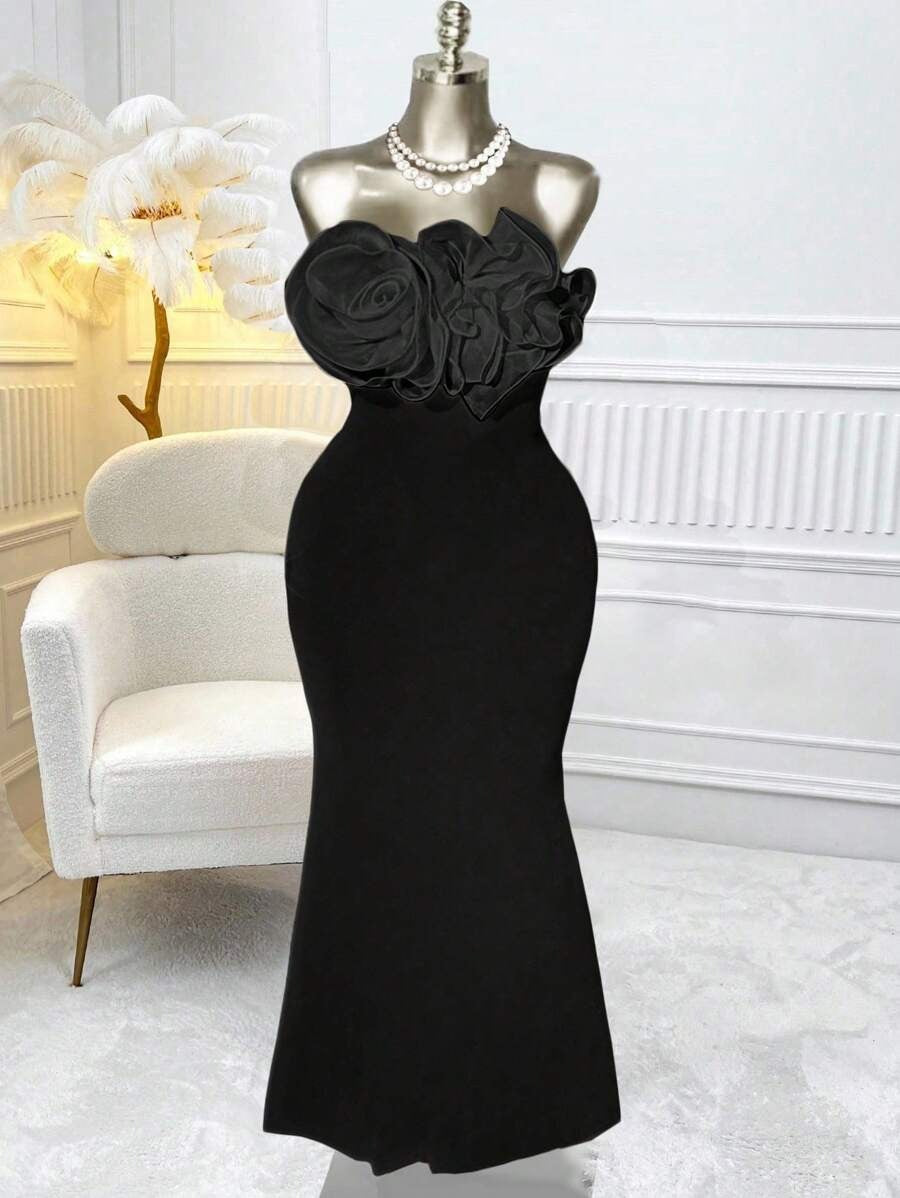 SHEIN Selianne فستان اسود طويل شيفون مزين بزهرات