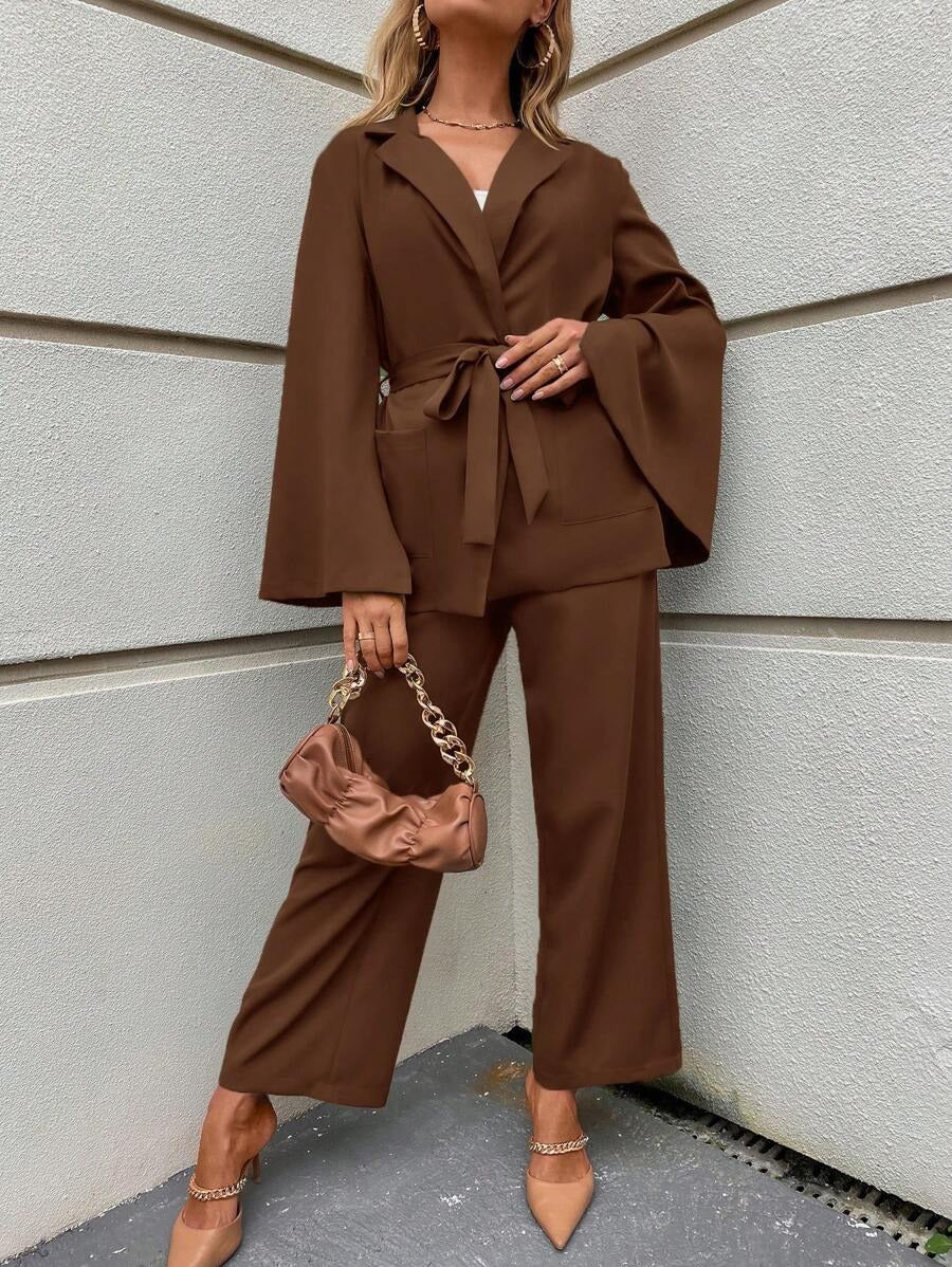 SHEIN Clasi طقم مكون من جاكيت مع بنطلون واسع بلون قهوة بني
