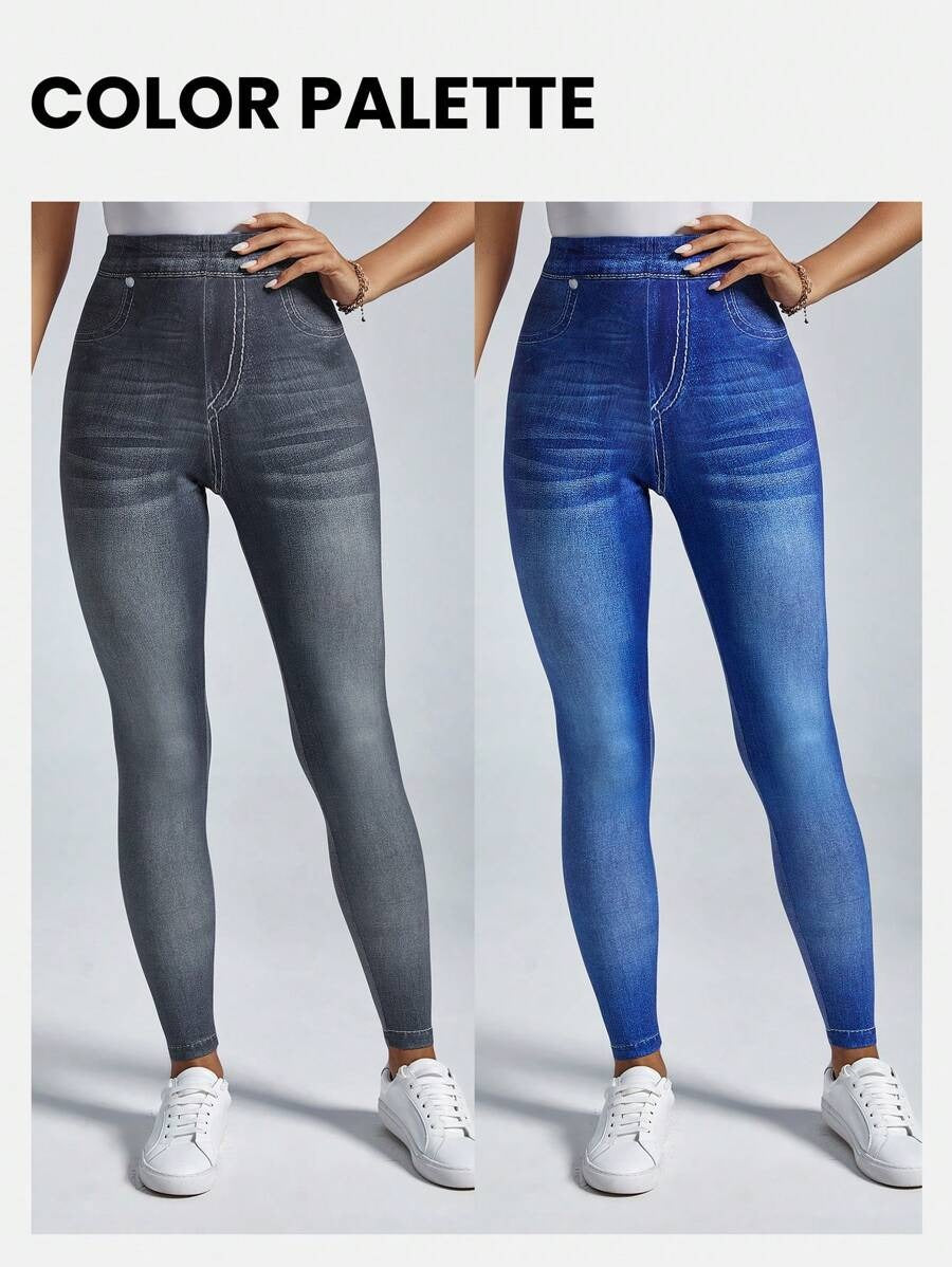 SHEIN بنطلون لقينز نسائي ضيق بتأثير الجينز