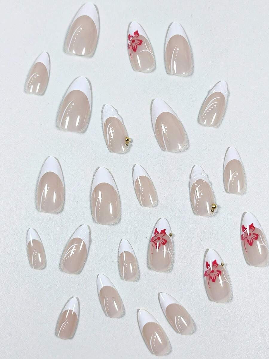 SHEIN أظافر اصطناعية فرنسية بشكل لوز وزهور