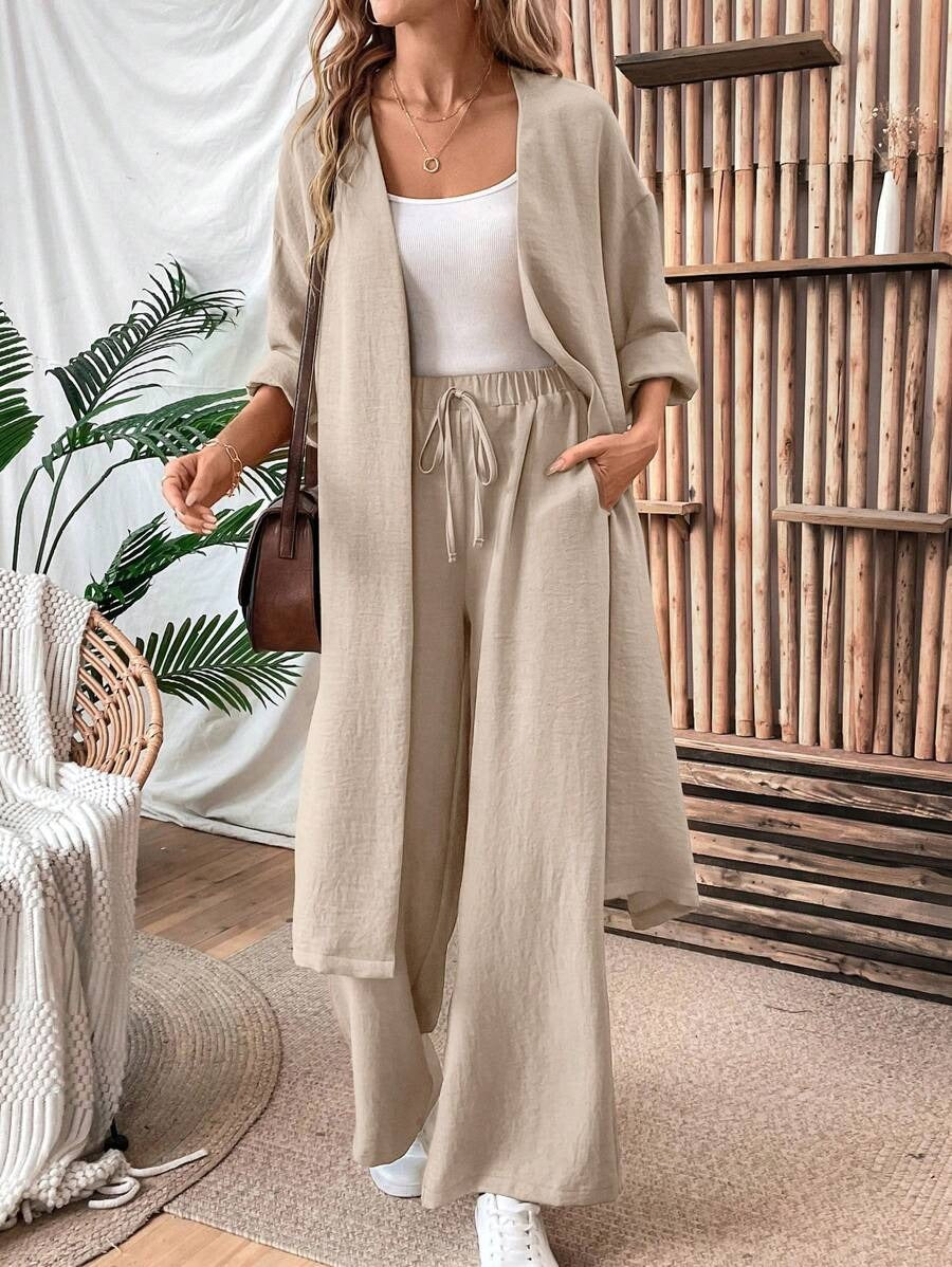 SHEIN طقم كتان كاجوال بلون كاكي مكون من جاكيت طويل وبنطال واسع الساق