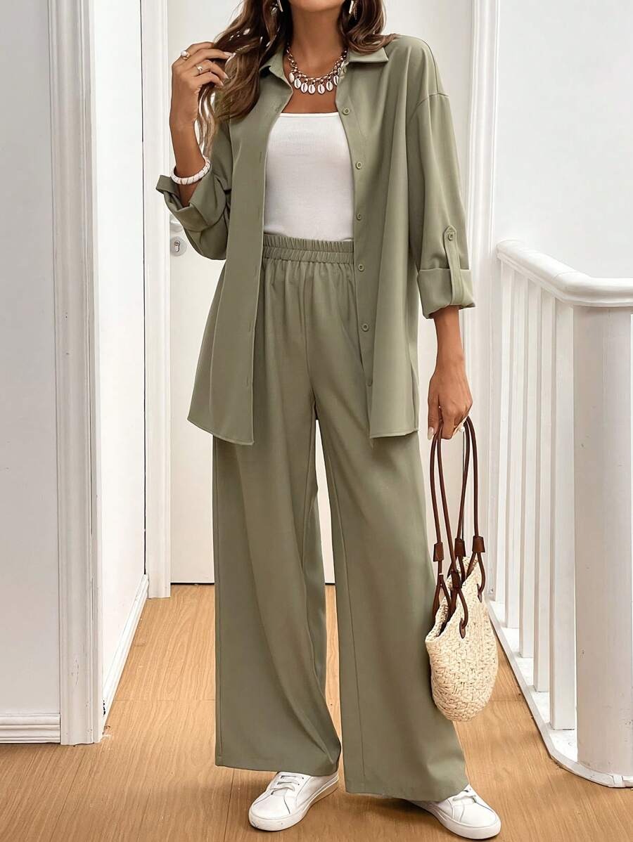 SHEIN Frenchy طقم من قطعتين، قميص بأكمام طويلة وسروال واسع لون اخضر