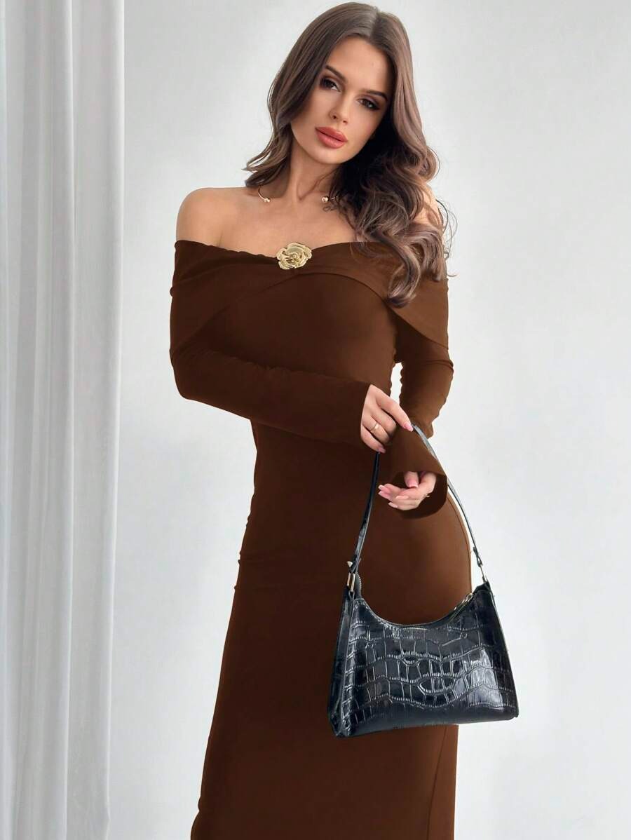 SHEIN Firerie فستان ضيق وأنيق بلون بني