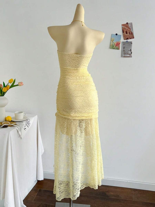 SHEIN Soleia  فستان دانتيل ناعم بلون أصفر