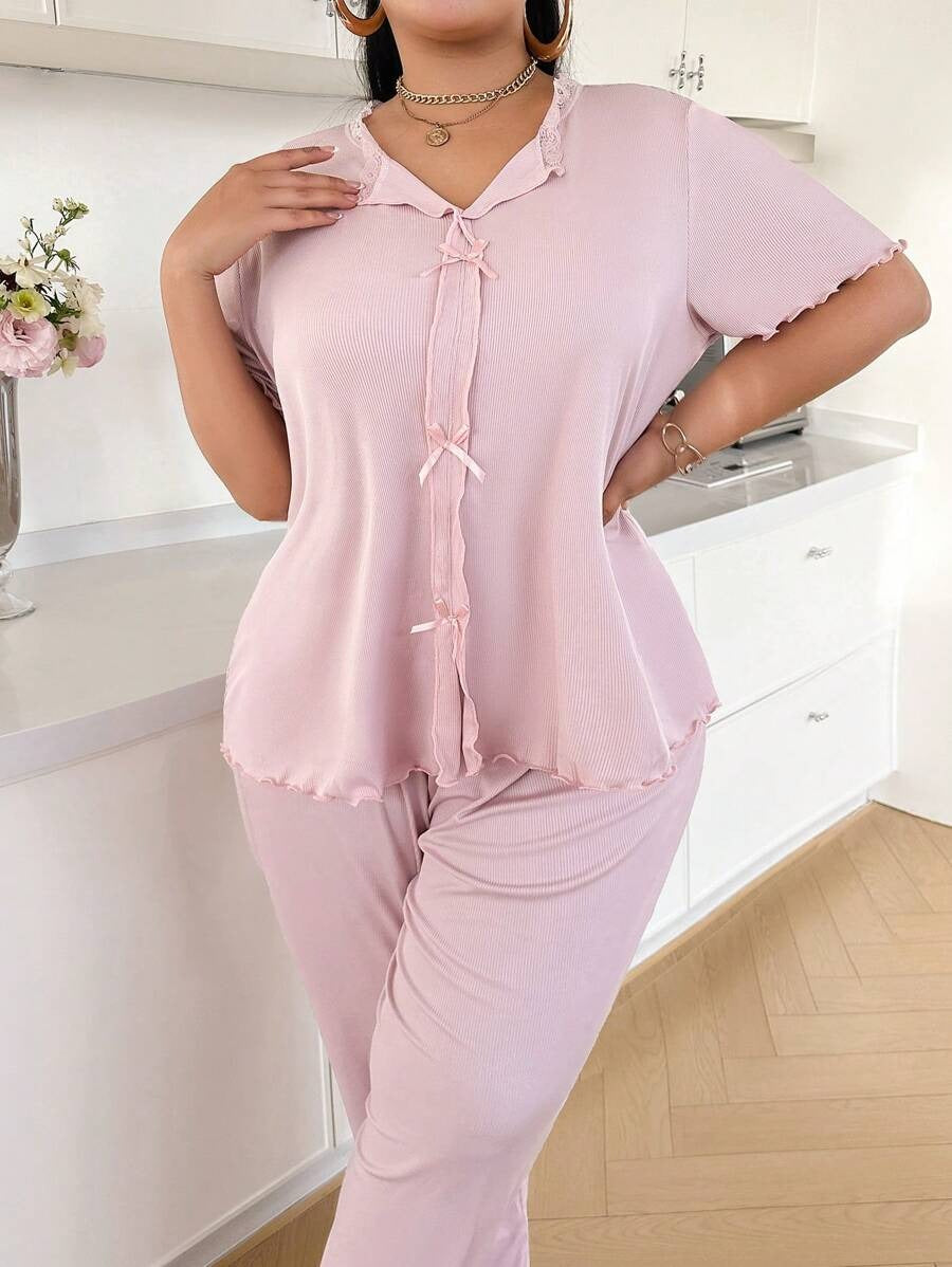 SHEIN طقم بيجامة وردي ناعم بعقدة فراشة