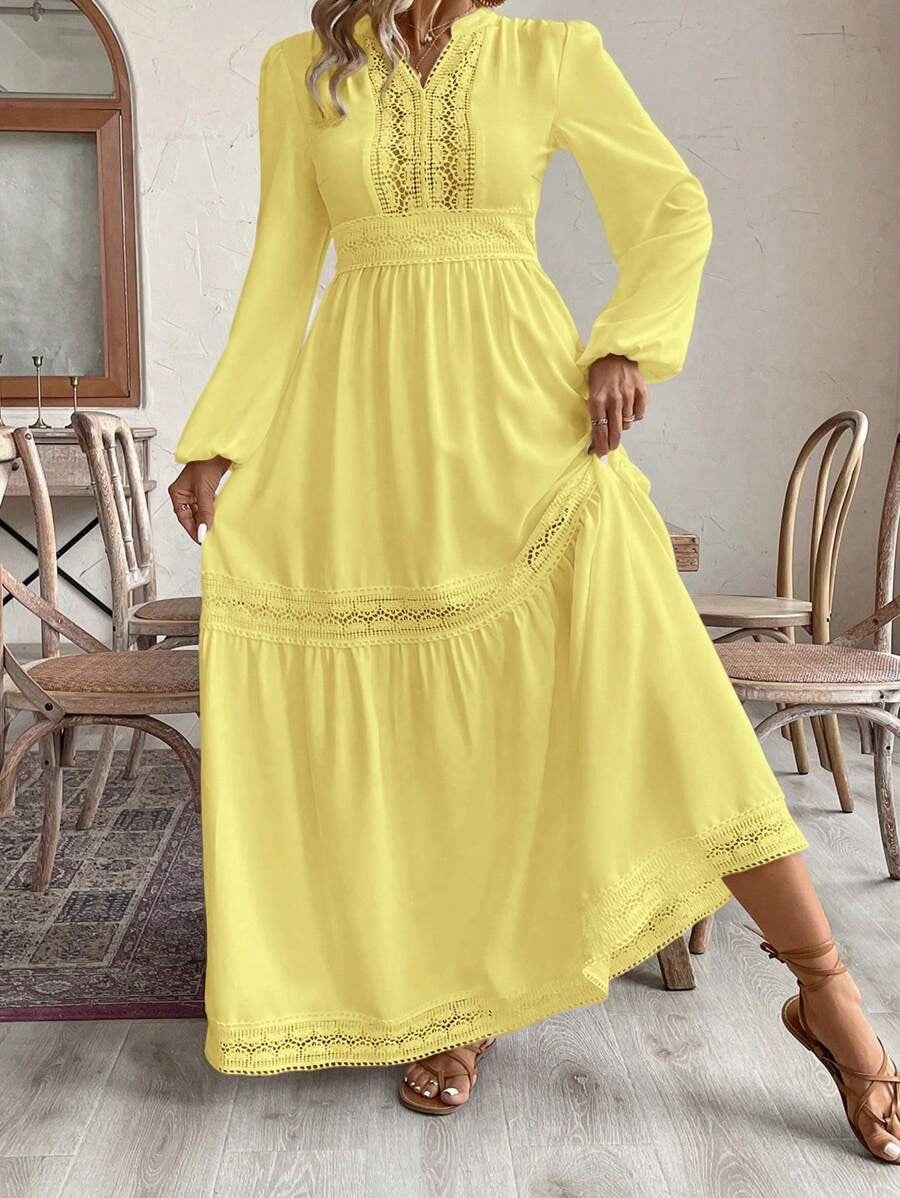 SHEIN فستان أصفر طويل بكسرات بكشكش