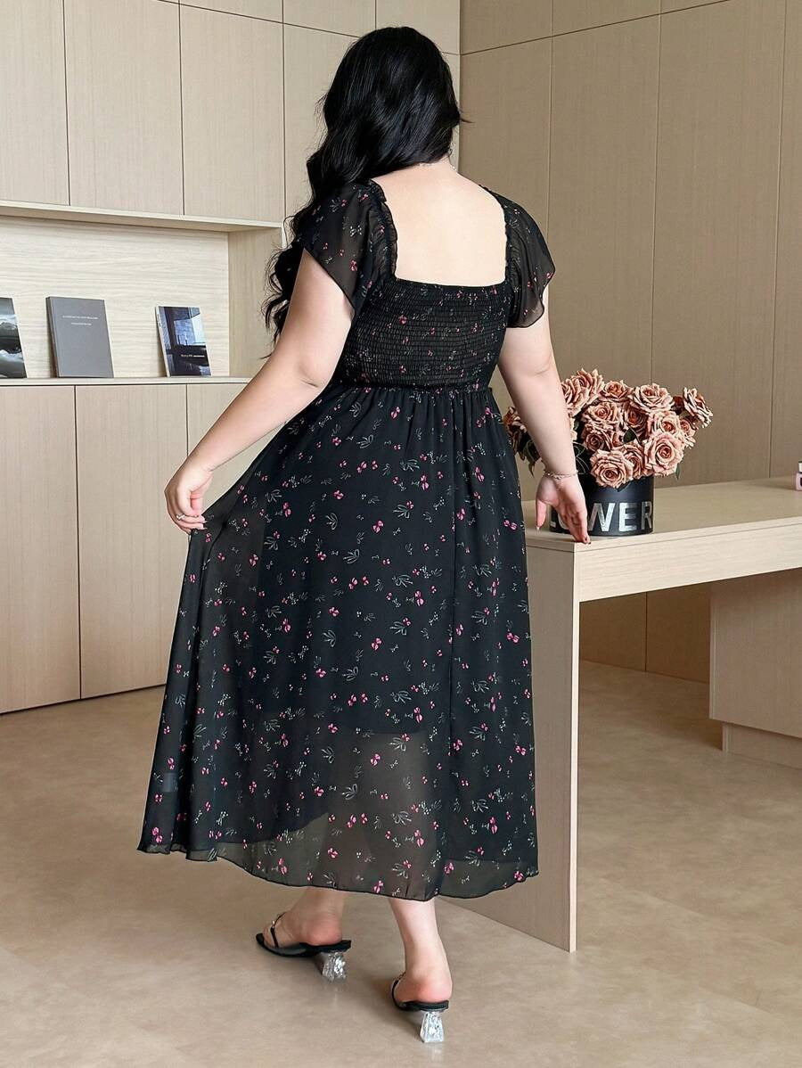 SHEIN فستان ناعم وخفيف بقماش شيفون مبطن شيفون أسود مطبع بالورد