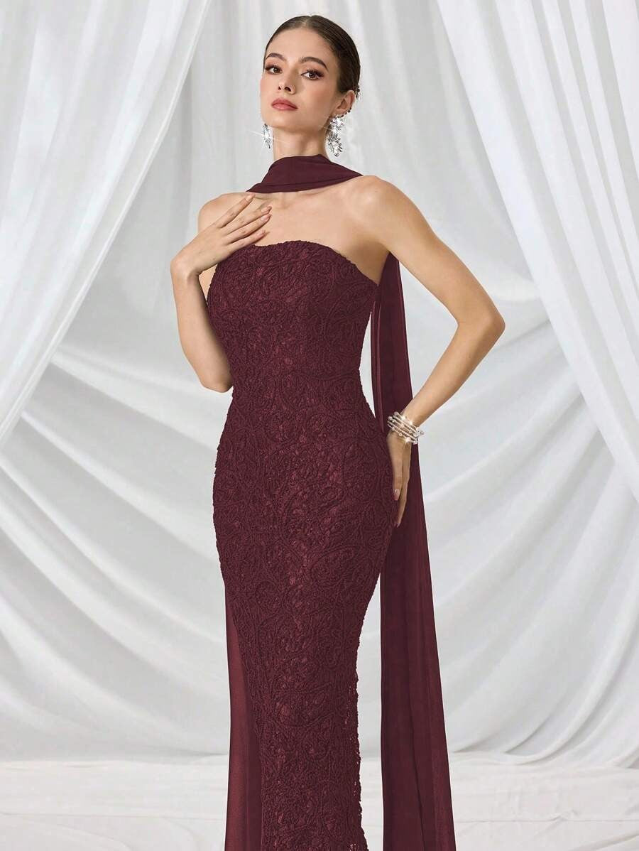 SHEIN فستان سهرة فاخر بلون عنابي