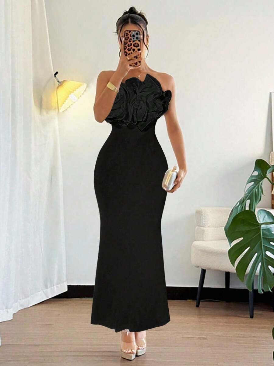 SHEIN Selianne فستان اسود طويل شيفون مزين بزهرات