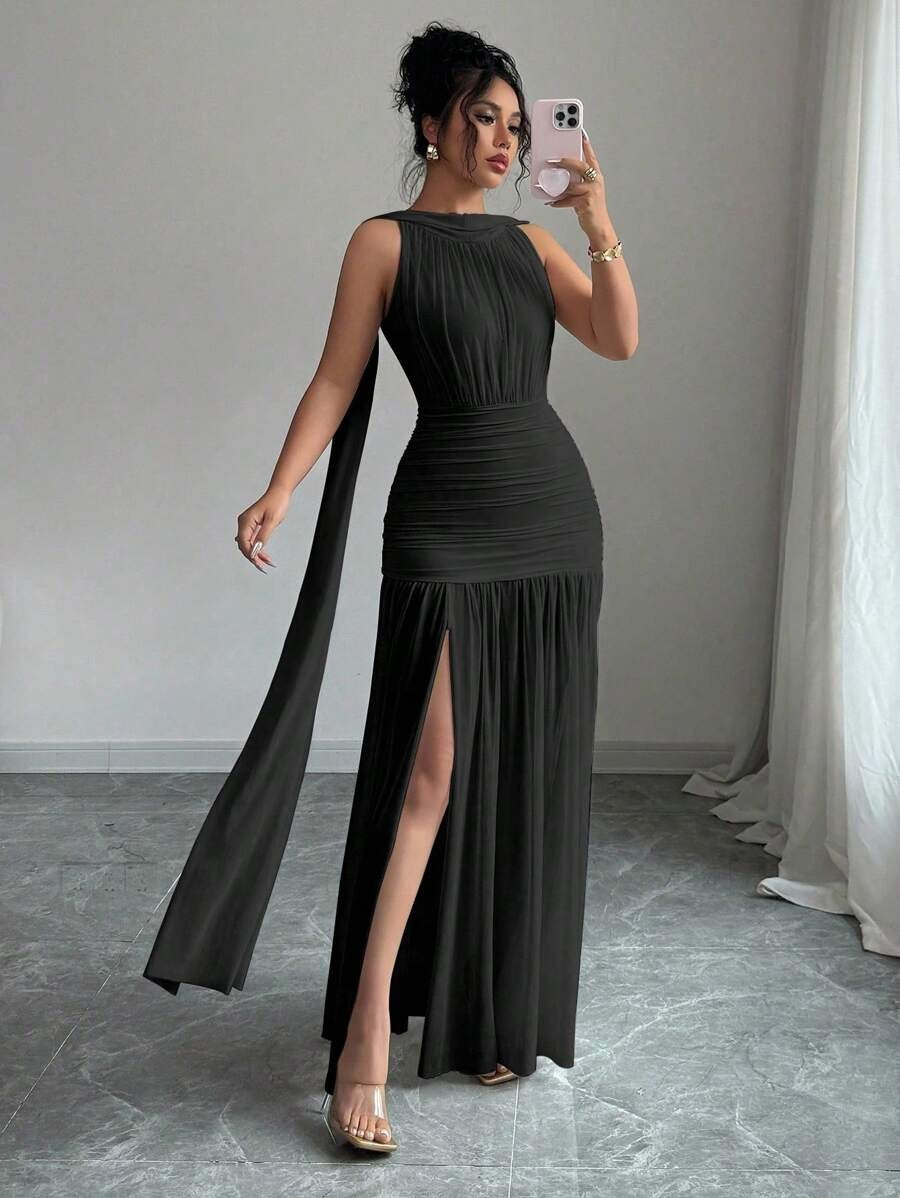 SHEIN Elenzga فستان صيفي طويل أسود بدون ظهر
