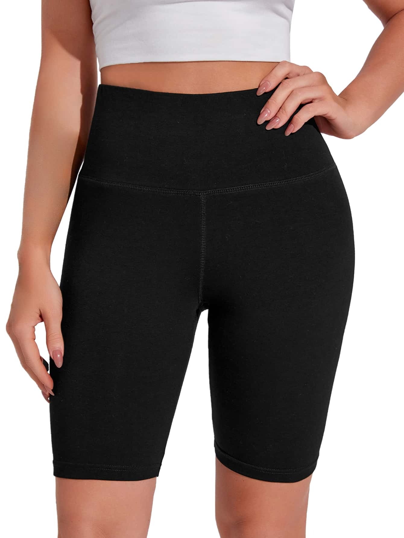 SHEIN شورت نسائي رياضي مريح خصر عالي لون أسود