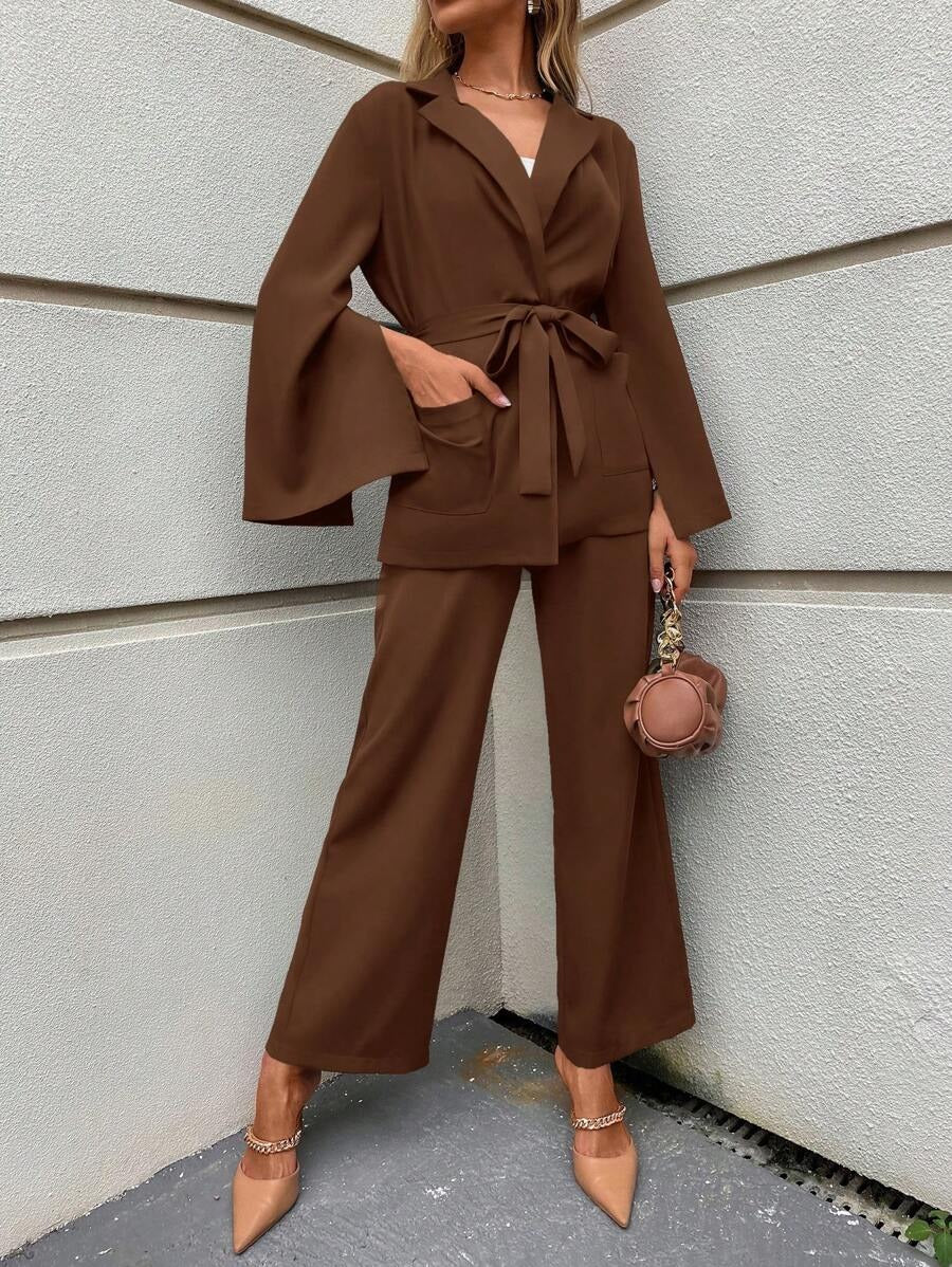 SHEIN Clasi طقم مكون من جاكيت مع بنطلون واسع بلون قهوة بني
