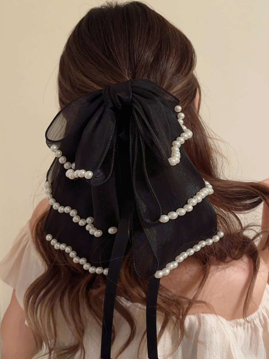 SHEIN مشبك شعر بفيونكة شريطية مع لؤلؤ