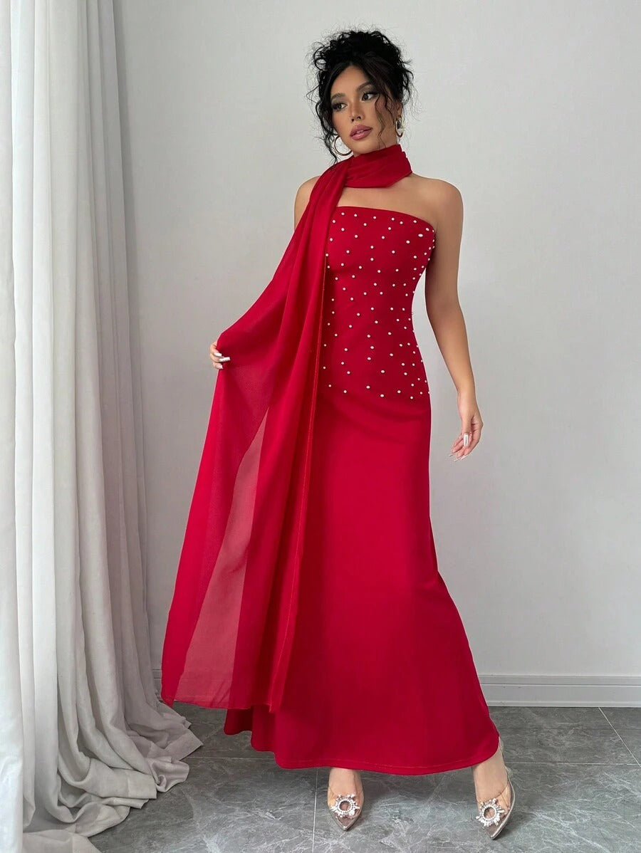 SHEIN Rafferiza فستان أحمر ماكسي طويل مزين بلؤلؤ