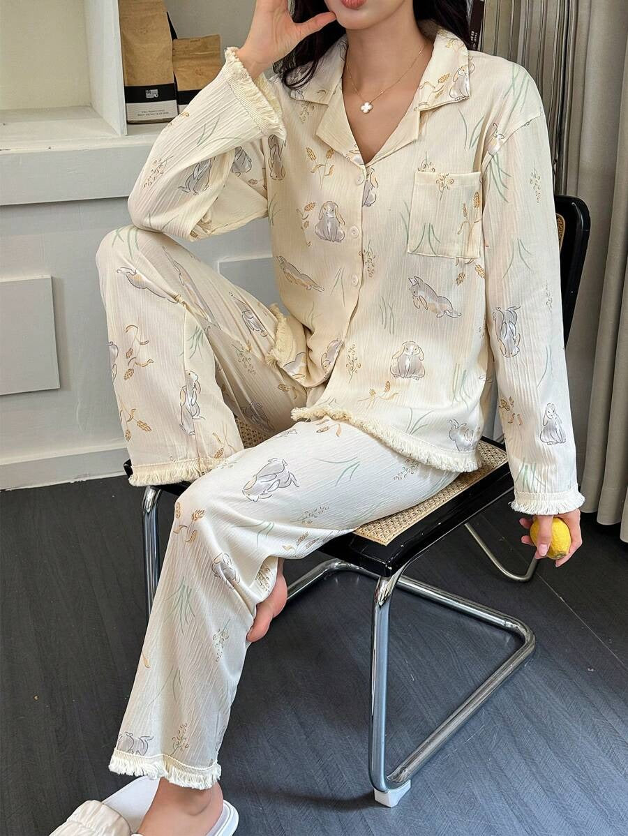 SHEIN طقم بيجامة مشمشي بطباعة أرنب وشراريب