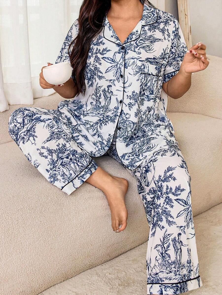 SHEIN طقم بيجامة بنقوشات بلون أزرق