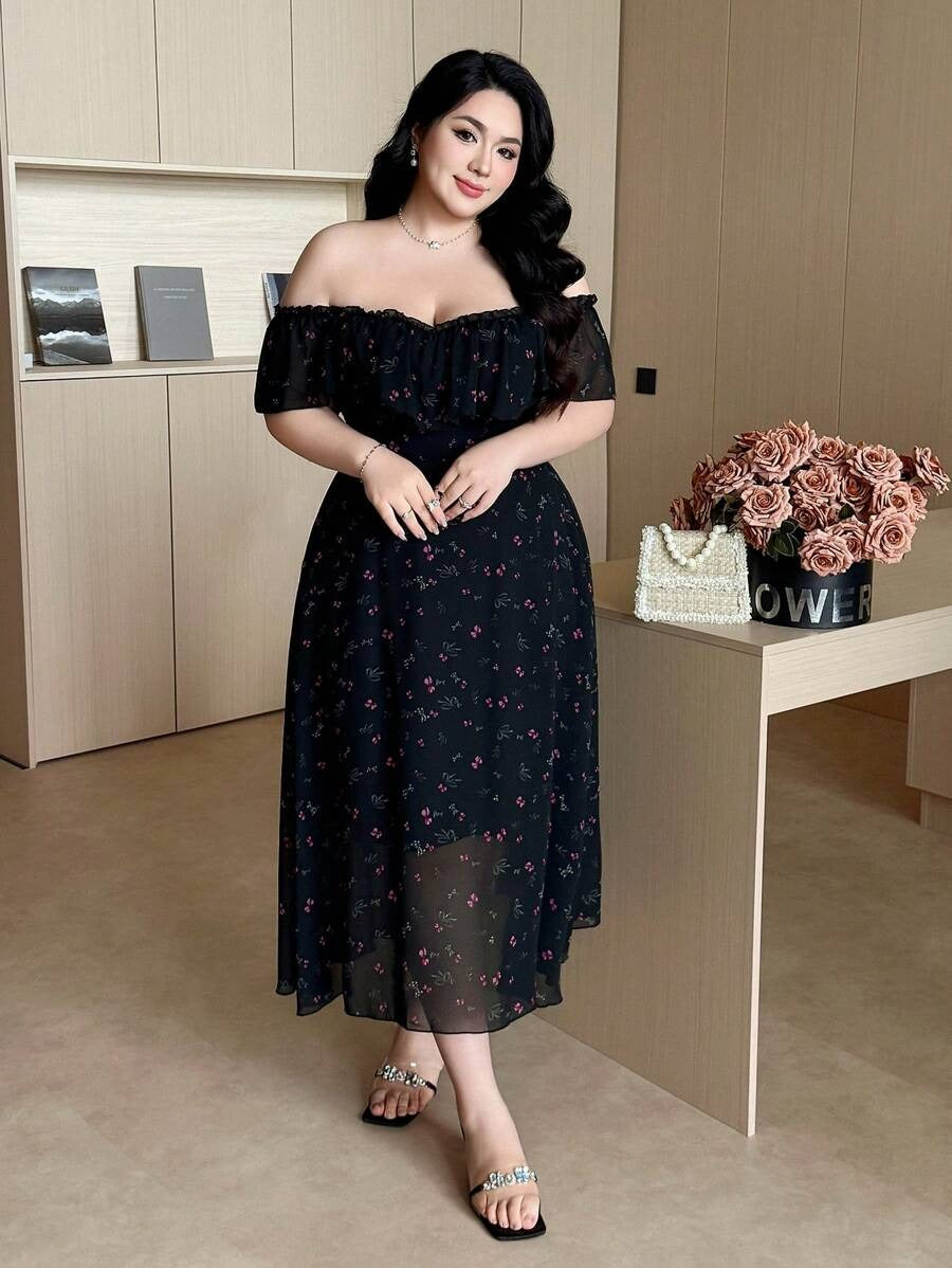 SHEIN فستان ناعم وخفيف بقماش شيفون مبطن شيفون أسود مطبع بالورد