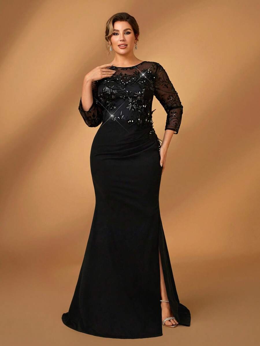 SHEIN Serin فستان سهرة أسود طويل دانتيل راقي
