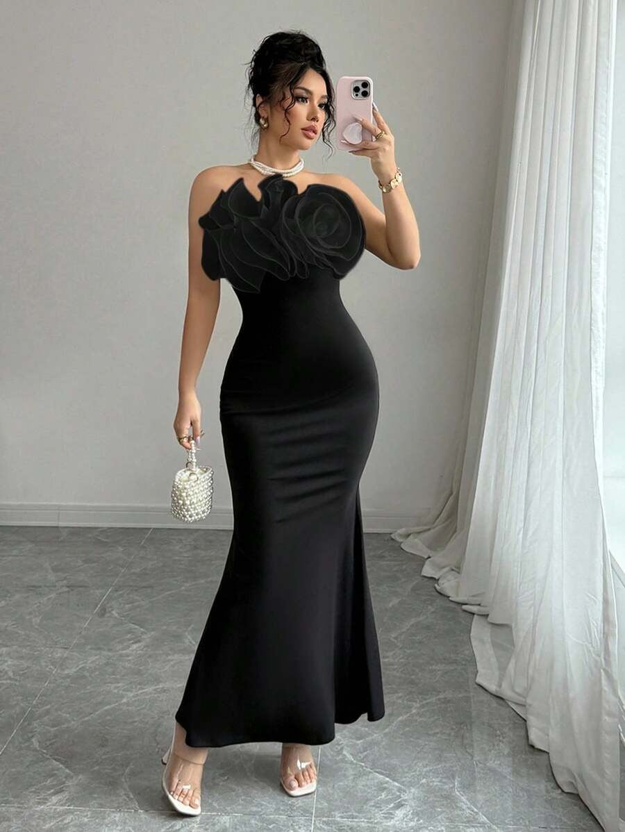 SHEIN Selianne فستان اسود طويل شيفون مزين بزهرات