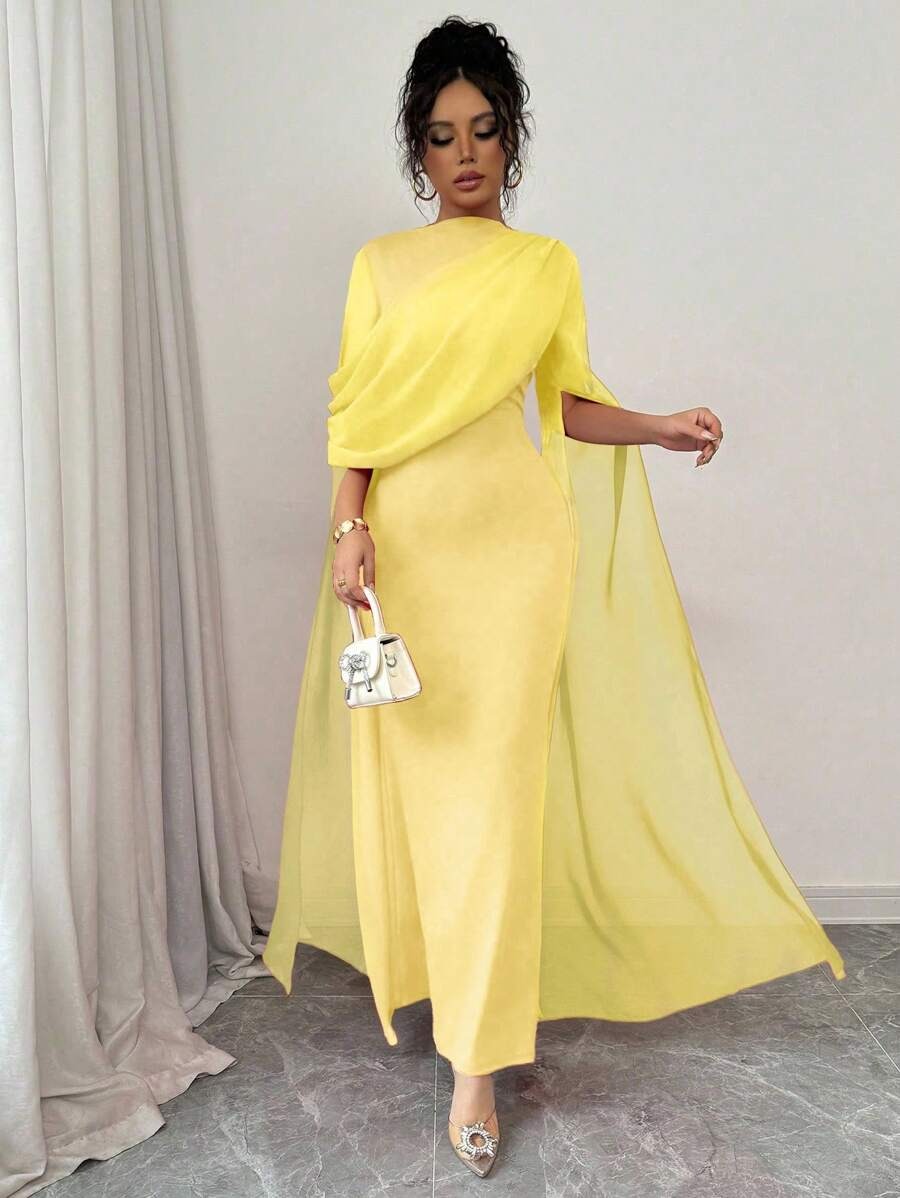 SHEIN Rafferiza فستان أصفر طويل بأكمام طويلة