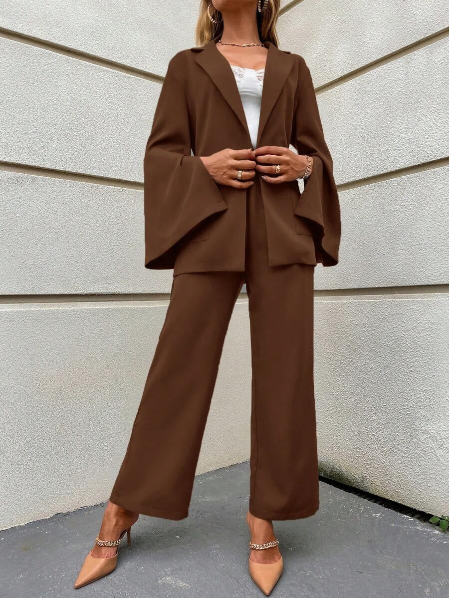 SHEIN Clasi طقم مكون من جاكيت مع بنطلون واسع بلون قهوة بني