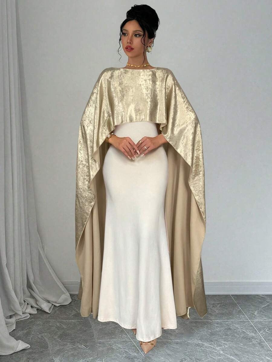 SHEIN Rafferiza فستان سهرة ذهبي ساتان مع شال