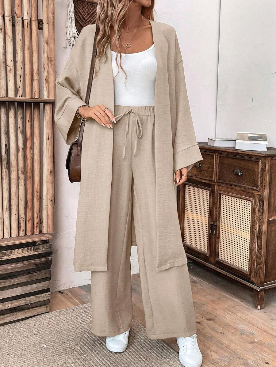 SHEIN طقم كتان كاجوال بلون كاكي مكون من جاكيت طويل وبنطال واسع الساق