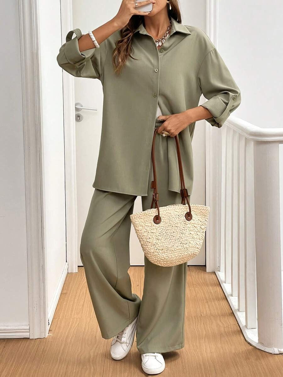 SHEIN Frenchy  طقم من قطعتين، قميص بأكمام طويلة  وسروال واسع لون اخضر