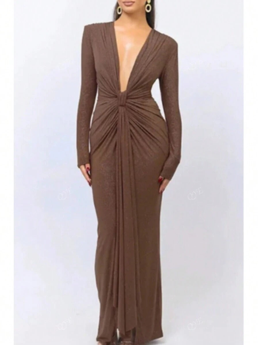 SHEIN QYE فستان طويل بلون شوكولاته بني