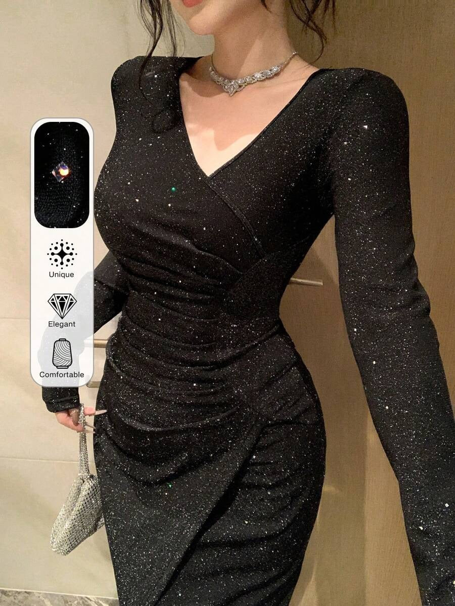 SHEIN qualityDAZY فستان سهرة طويل بلون أسود مزين بالفصوص اللامعة