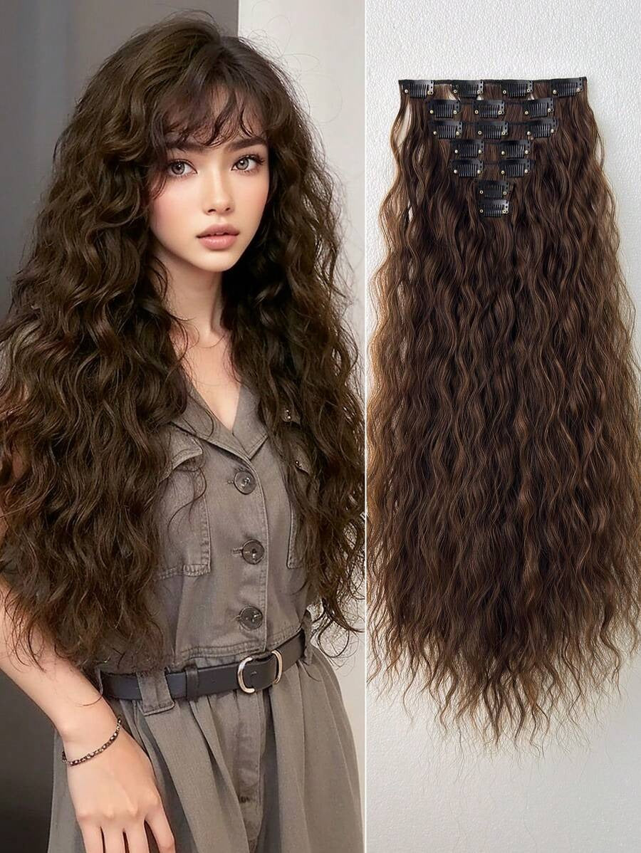 SHEIN إضافة شعر كيرلي جاهزة بـ 16 مشبك – لون بني فاتح